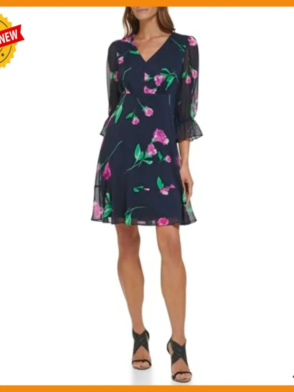 V-Neck Balloon Sleeve Ruffle Hem Dress Casual Chiffon 3/4 Sleeve - Picture 2 of 5
